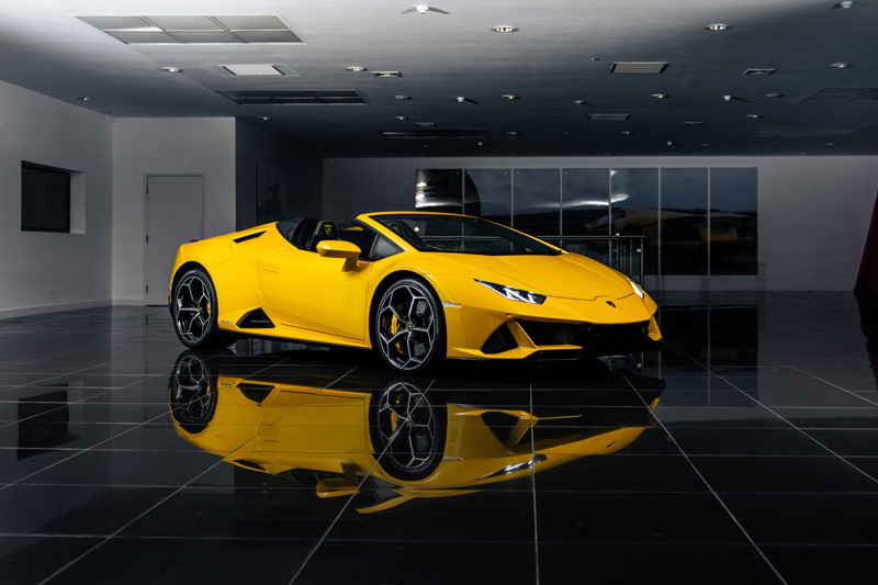 Lamborghini Huracan Evo. Spyder Yellow, Platinum Executive Travel, Available for Hire UK, Hire Car